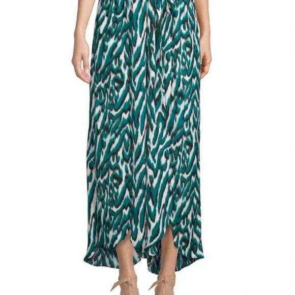 AVA & AIDEN Self-Tie Pants Size Small Teal Zebra Ikat Slit Hem Flare Leg New - Picture 2 of 7